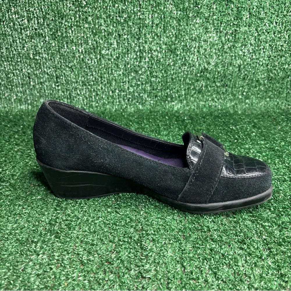 A2 by Aerosoles Womens 6.5 M Black Leather Wedge Loafers‎